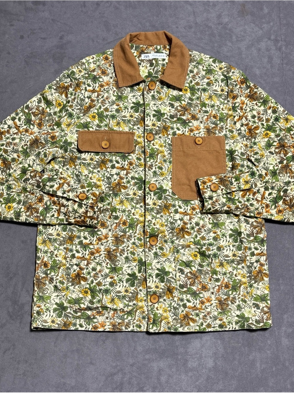 ZARA Floral Print Utility Shacket Mens Small Goblincore Earth Tone Overshirt